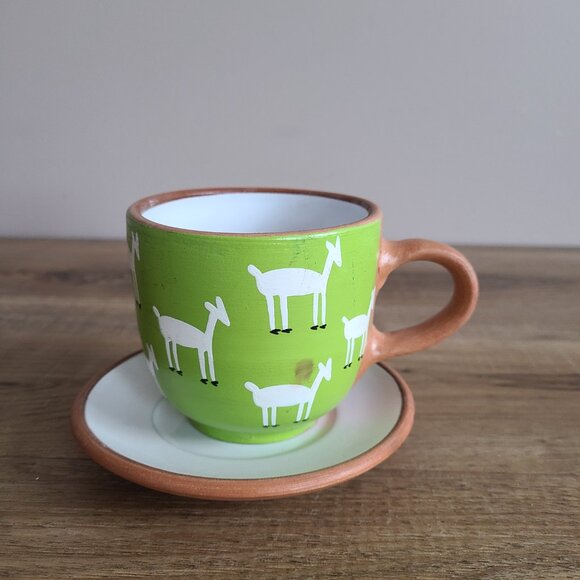 Peru red clay handmade hand painted cup and saucer with goat design. - Picture 2 of 7